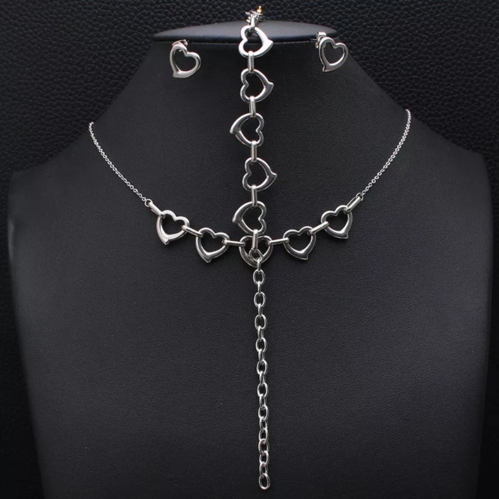Stainless Steel Heart Set Earrings Necklace Bracelet - Picture 1 of 3